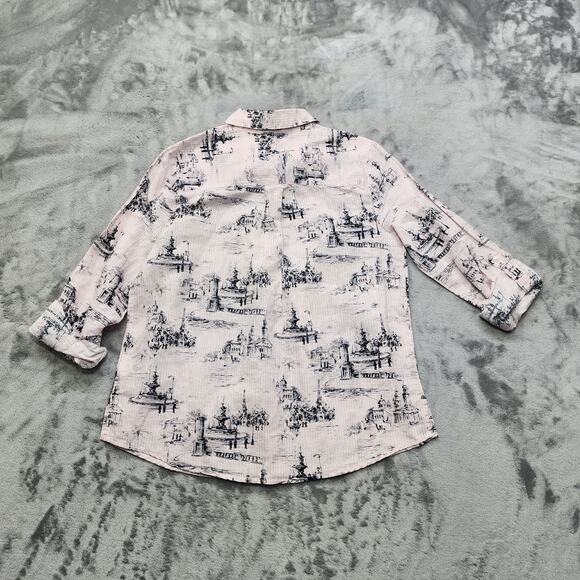 Charter Club Top Womens S Pink Black Toile-Print Linen Blend Roll Tab Sleeves - Picture 4 of 13